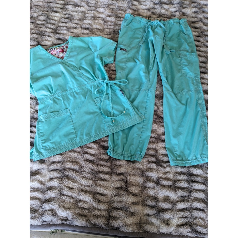 Koi by Kathy Peterson Womens Scrub Set Turquoise Mock Wrap Top Cargo Pants L